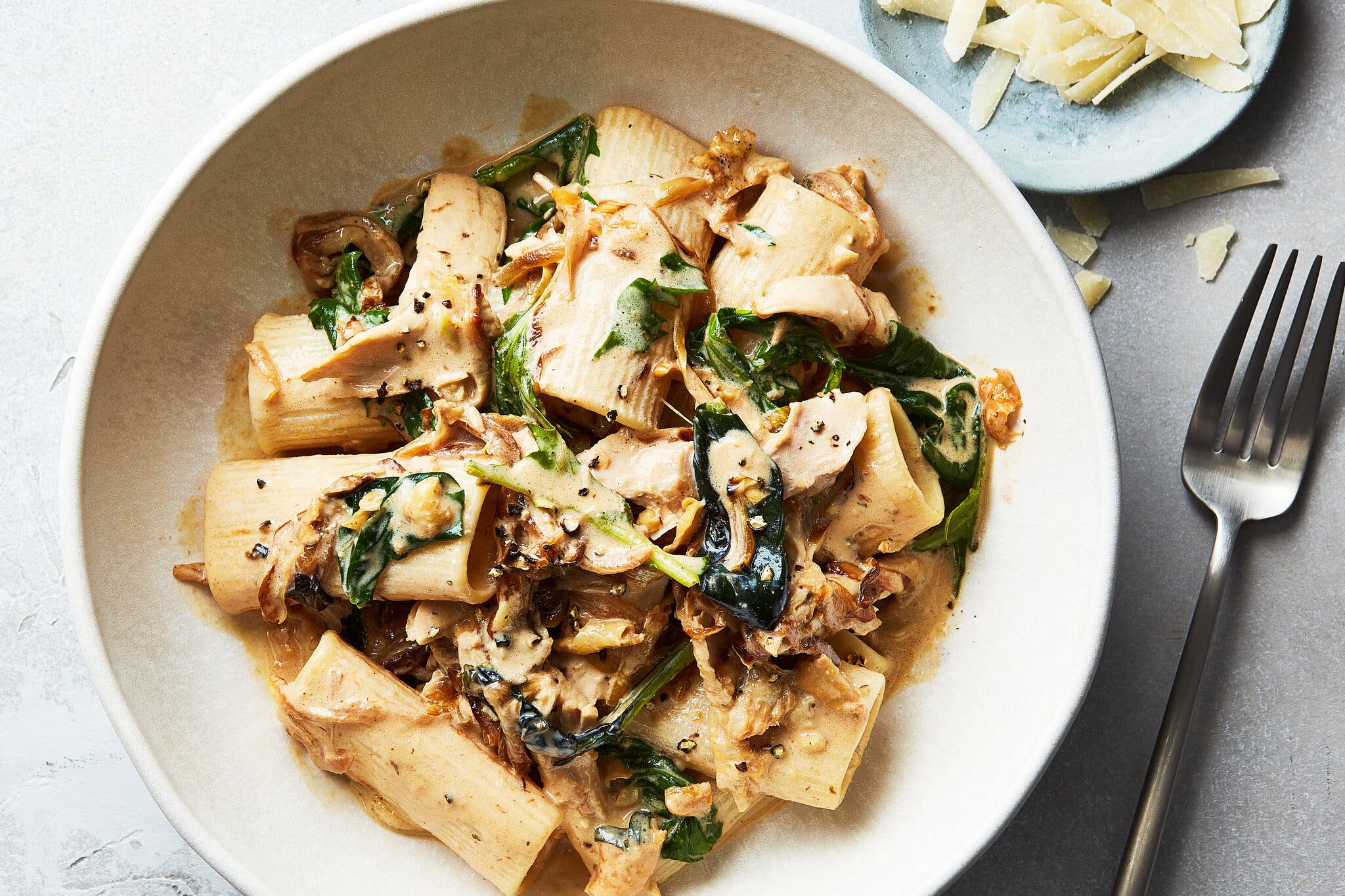 Bits of rotisserie chicken and greens top pasta tubes in a brothy sauce.