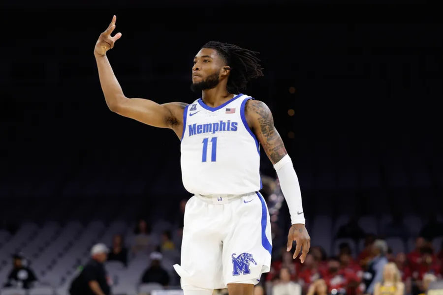 Mar 14, 2025; Fort Worth, TX, USA; Memphis Tigers guard Tyrese Hunter (11) reacts against the Wichita State Shockers during the second half at Dickies Arena. Mandatory Credit: Chris Jones-Imagn Images