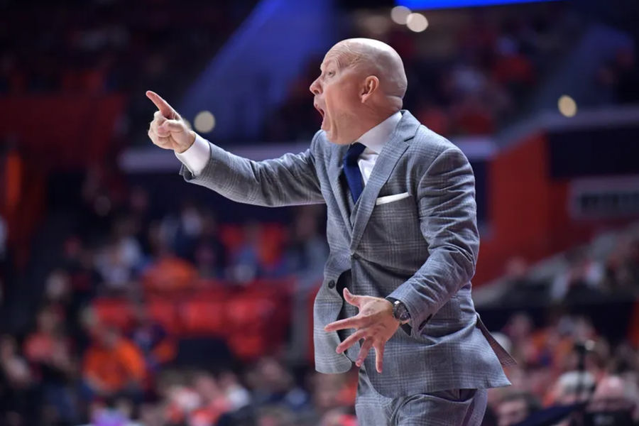 Feb 11, 2025; Champaign, Illinois, USA; UCLA Bruins head coach Mick Cronin reacts during the second half against the Illinois Fighting Illini at State Farm Center. Mandatory Credit: Ron Johnson-Imagn Images