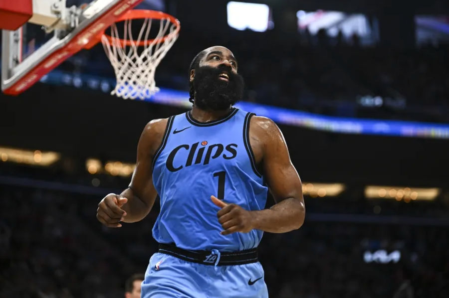 Mar 16, 2025; Inglewood, California, USA; LA Clippers guard James Harden (1) reacts against the Charlotte Hornets during the second half at Intuit Dome. Mandatory Credit: Jonathan Hui-Imagn Images