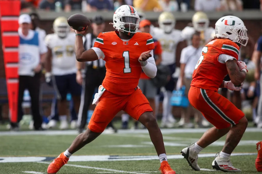 Nov 9, 2024; Atlanta, Georgia, USA; Miami Hurricanes quarterback Cam Ward (1) throws a pass against the Georgia Tech Yellow Jackets in the third quarter at Bobby Dodd Stadium at Hyundai Field. Mandatory Credit: Brett Davis-Imagn Images