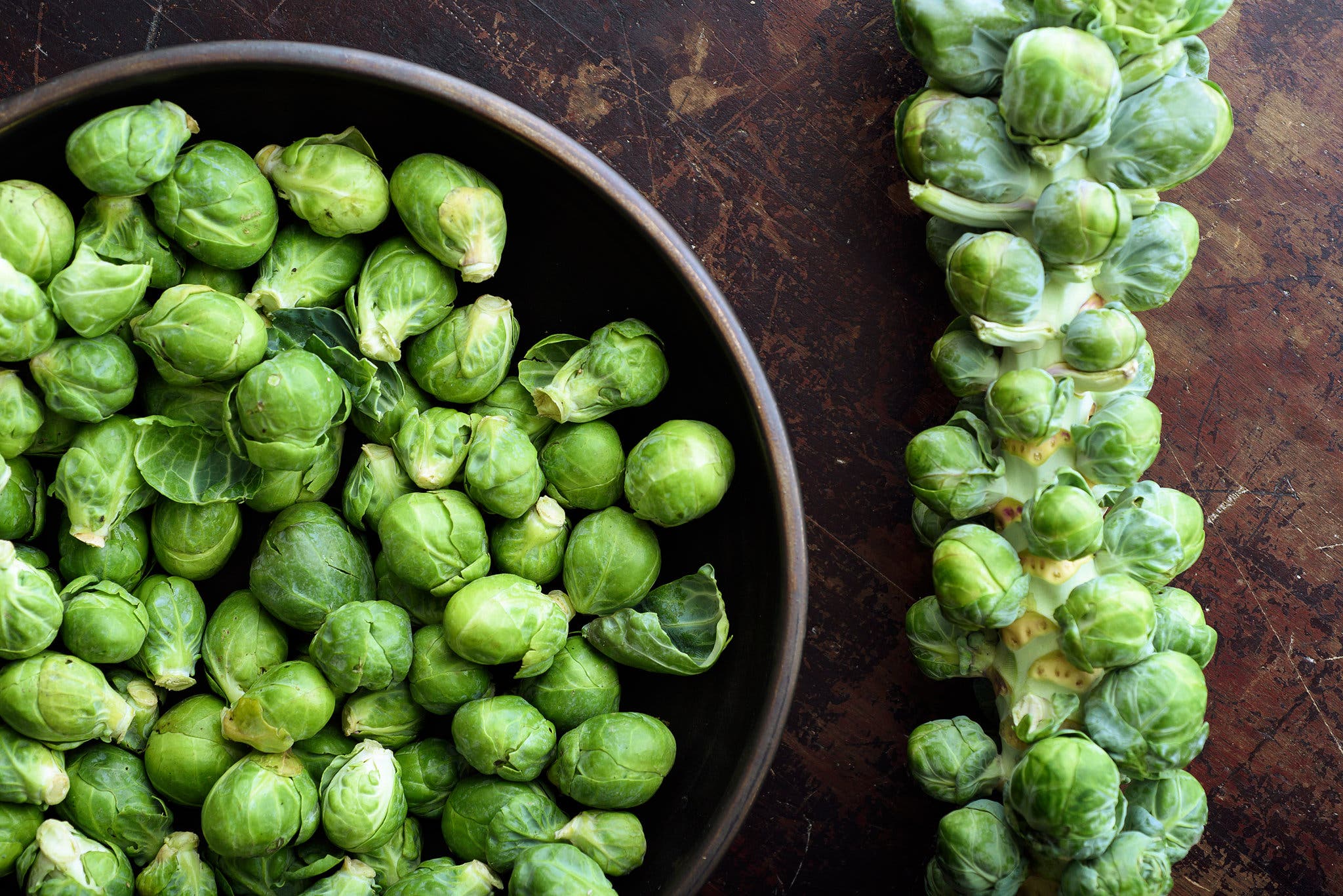 An overhead image of brussels sprouts on a bowl and on a stem.