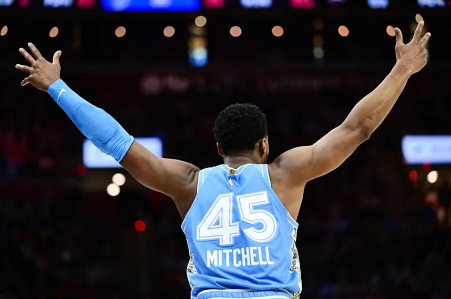 Mar 5, 2025; Cleveland, Ohio, USA; Cleveland Cavaliers guard Donovan Mitchell (45) reacts during the second half against the Miami Heat at Rocket Arena. Mandatory Credit: Ken Blaze-Imagn Images