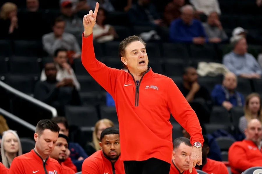 Jan 28, 2025; Washington, District of Columbia, USA; St. John's Red Storm head coach Rick Pitino celebrates during the first half against the Georgetown Hoyas at Capital One Arena. Mandatory Credit: Daniel Kucin Jr.-Imagn Images