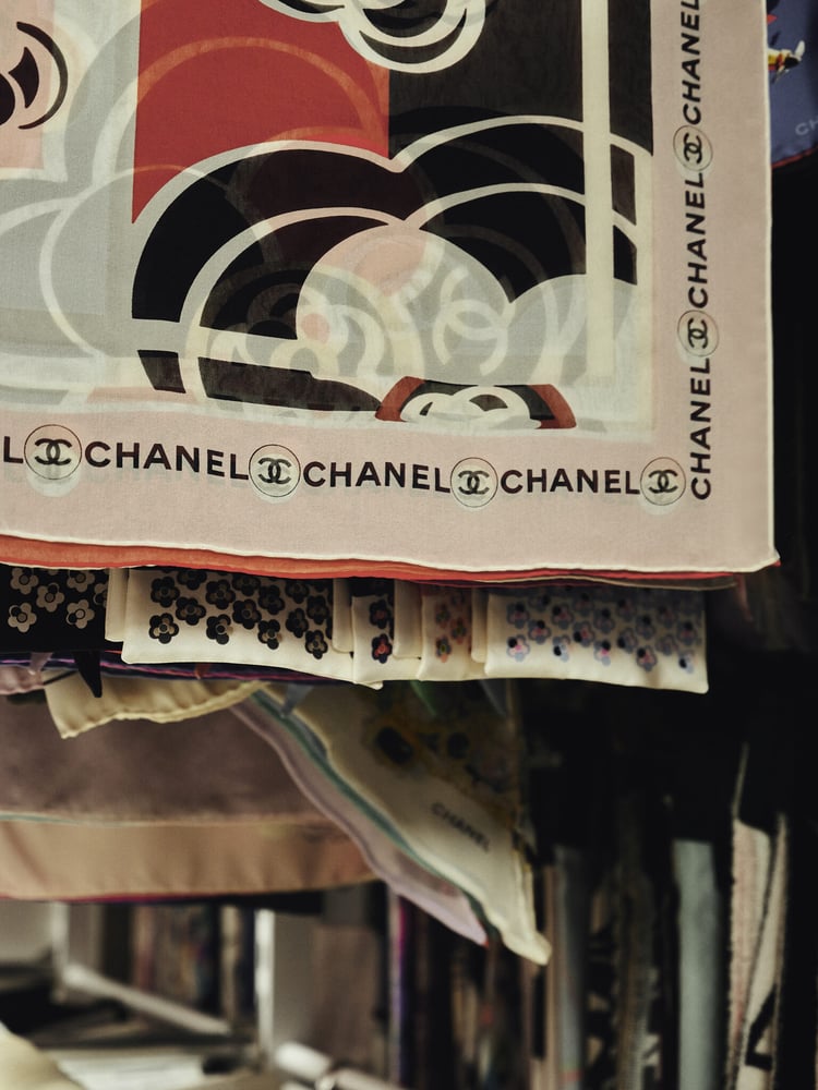 Printed silk scarves featuring Chanel motifs, created by Mantero. - Copyright: Chanel