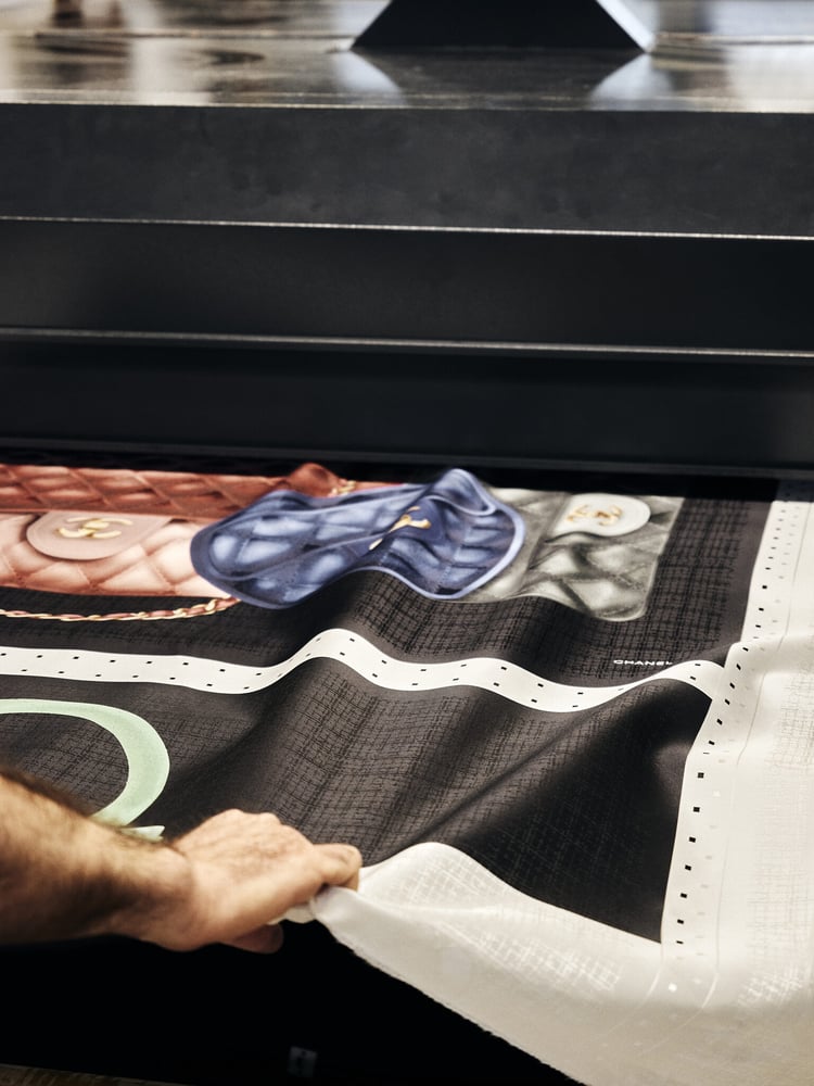 Digitally printed Chanel design on silk, crafted at Mantero. - Copyright: Chanel