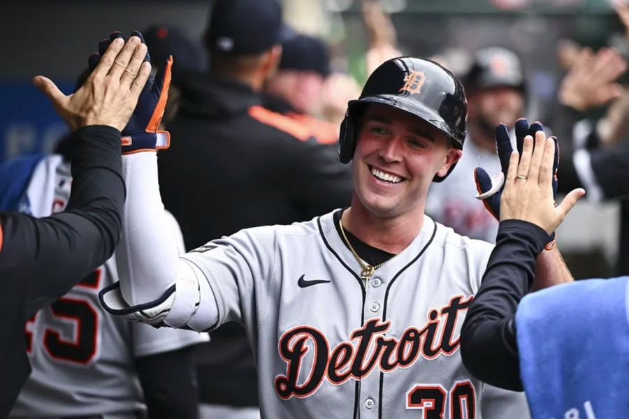 May 4, 2025; Anaheim, California, USA; Detroit Tigers outfielder Kerry Carpenter (30) celebrates with teammates after hitting a three run home run against the Los Angeles Angels during the sixth inning at Angel Stadium. Mandatory Credit: Jonathan Hui-Imagn Images