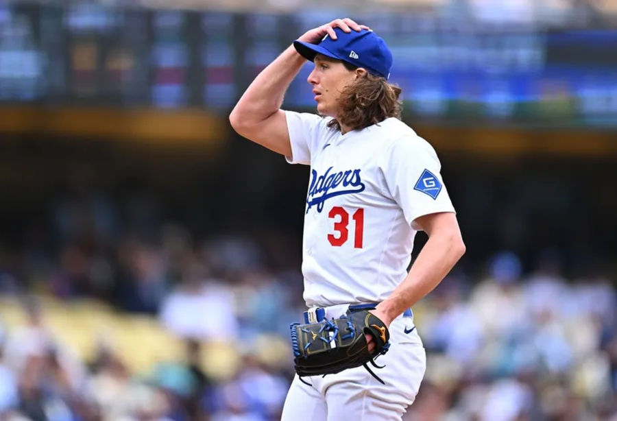 Apr 27, 2025; Los Angeles, California, USA; Los Angeles Dodgers pitcher Tyler Glasnow (31) reacts after a pitch during the first inning against the Pittsburgh Pirates at Dodger Stadium. Mandatory Credit: Jonathan Hui-Imagn Images