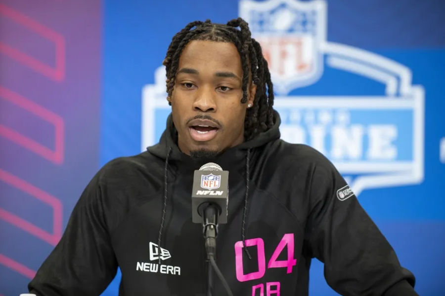 Feb 27, 2025; Indianapolis, IN, USA; Texas defensive back Jahdae Barron (DB04) during the 2025 NFL Combine at Lucas Oil Stadium. Mandatory Credit: Tanner Pearson-Imagn Images