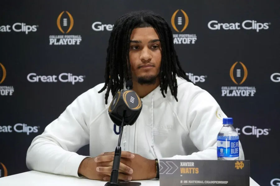 Jan 18, 2025; Atlanta, GA, USA; Notre Dame Fighting Irish safety Xavier Watts (0) during 2025 CFP National Championship Media Day at Georgia World Congress Center, Building A. Mandatory Credit: Kirby Lee-Imagn Images