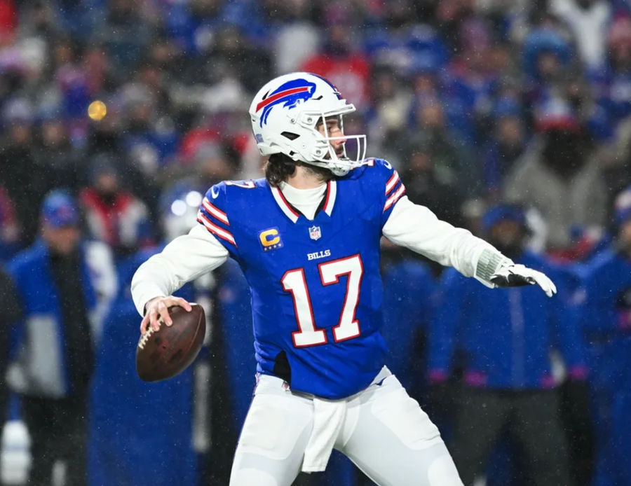 Jan 19, 2025; Orchard Park, New York, USA; Buffalo Bills quarterback Josh Allen (17) looks to throw during the first quarter against the Baltimore Ravens in a 2025 AFC divisional round game at Highmark Stadium. Mandatory Credit: Mark Konezny-Imagn Images