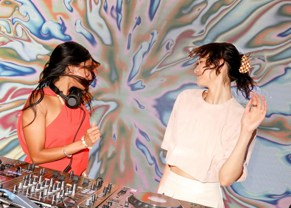 Amrit Tietz and Mona Matsuoka on the decks during Longchamp's La Maison Unique reopening event in SoHo.