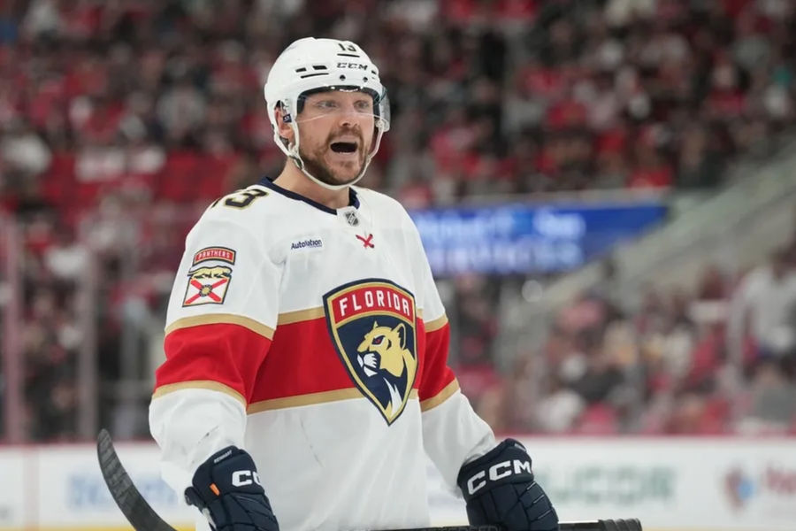 May 20, 2025; Raleigh, North Carolina, USA; Florida Panthers forward Sam Reinhart (13) reacts during the second period against the Carolina Hurricanes in game one of the Eastern Conference Final of the 2025 Stanley Cup Playoffs at Lenovo Center. Mandatory Credit: James Guillory-Imagn Images