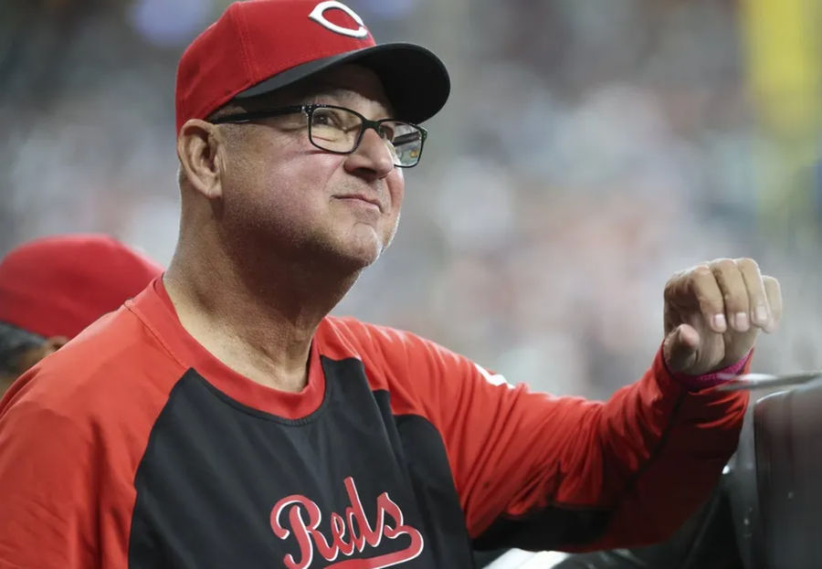 May 11, 2025; Houston, Texas, USA; Cincinnati Reds manager Terry Francona (77) looks on from the dugout during the game against the Houston Astros at Daikin Park. Mandatory Credit: Troy Taormina-Imagn Images
