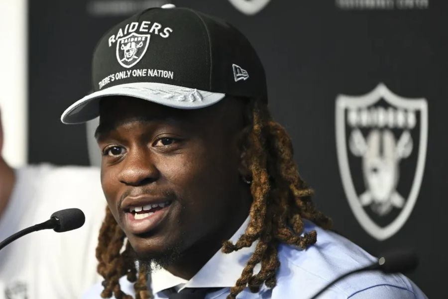 Apr 25, 2025; Henderson, NV, USA; Las Vegas Raiders first round draft pick in the 2025 NFL Draft Ashton Jeanty, speaks to the media at Intermountain Health Performance Center. Mandatory Credit: Candice Ward-Imagn Images