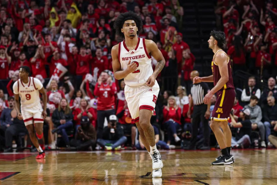 Mar 9, 2025; Piscataway, New Jersey, USA; Rutgers Scarlet Knights guard Dylan Harper (2) runs up court after a basket against the Minnesota Golden Gophers during the first half at Jersey Mike's Arena. Mandatory Credit: Vincent Carchietta-Imagn Images