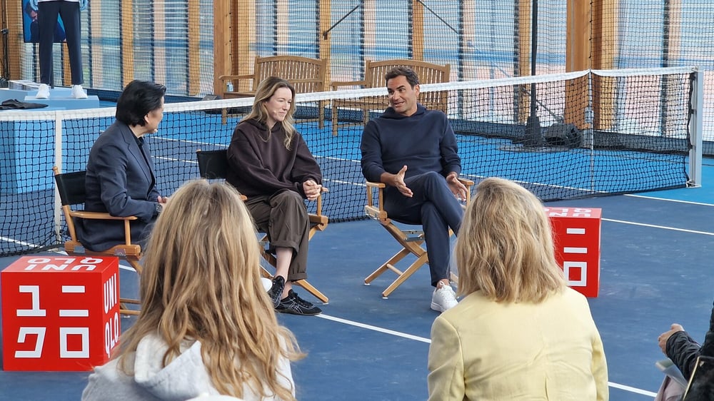Clare Waight Keller and Roger Federer during the collection launch in Paris on May 12, 2025