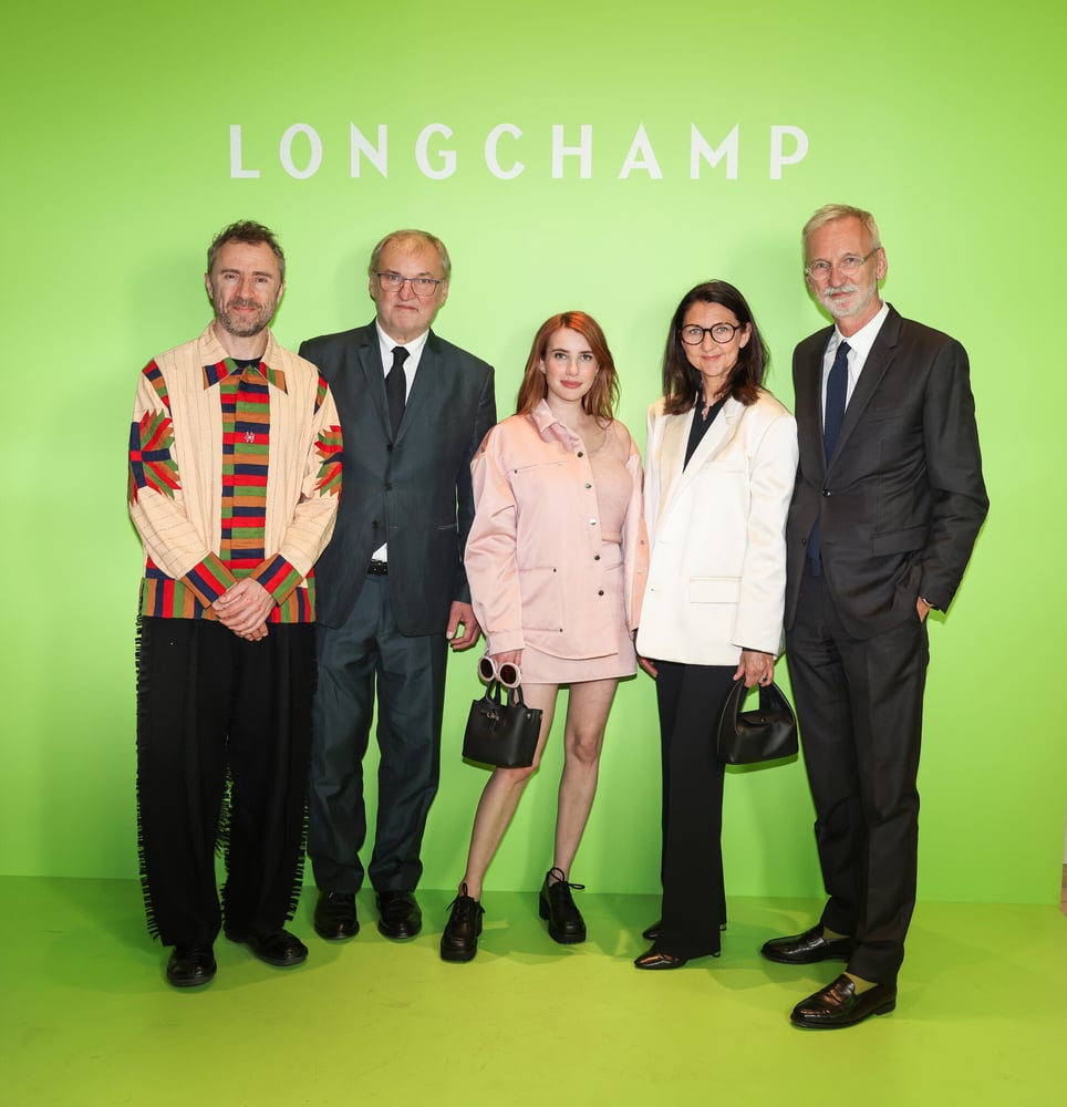 Thomas Heatherwick, Jean Cassegrain, Emma Roberts, Sophie Delafontaine and Philippe Cassegrain at Longchamp's New York flagship reopening.