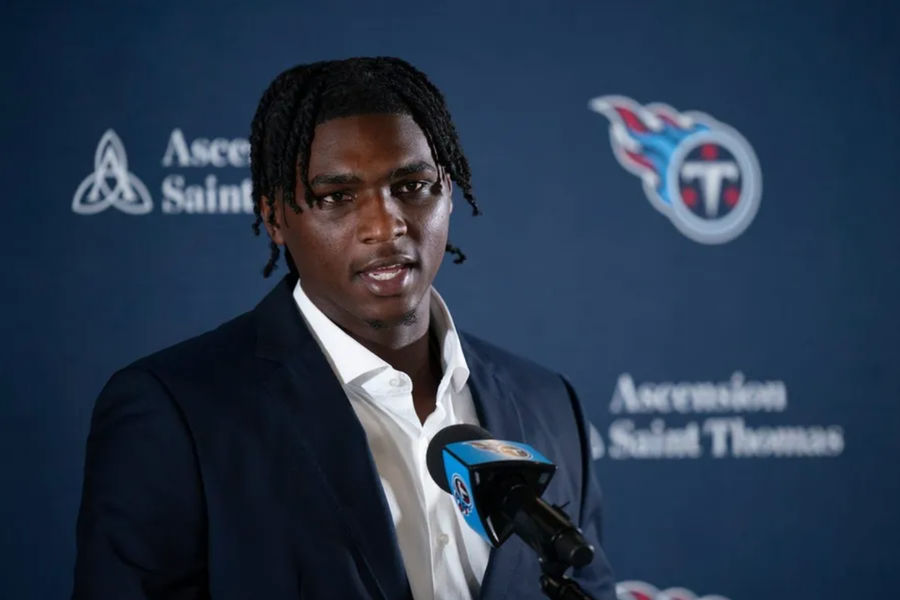Cam Ward fields questions after being introduced as the Tennessee Titans first-round pick and number one overall pick n the NFL Draft at Ascension Saint Thomas Sports Park in Nashville, Tenn., Friday, April 25, 2025. Mandatory Credit: The Tennessean/USA TODAY NETWORK via Imagn Images