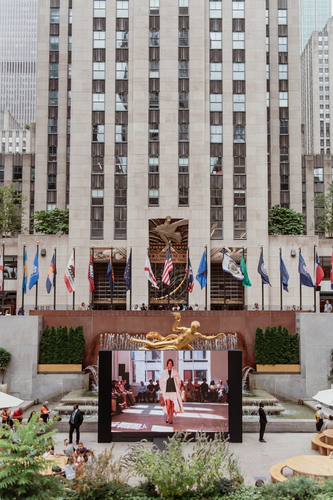 A streaming of a Proenza Schouler show in at Rockefeller Center
