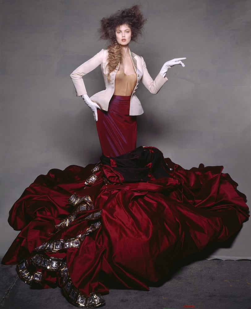 Christian Dior by John Galliano Dress in red satin embroidered with gold and silver beads and paillettes with rhinestone jewelry. Haute Couture Autumn-Winter 2004