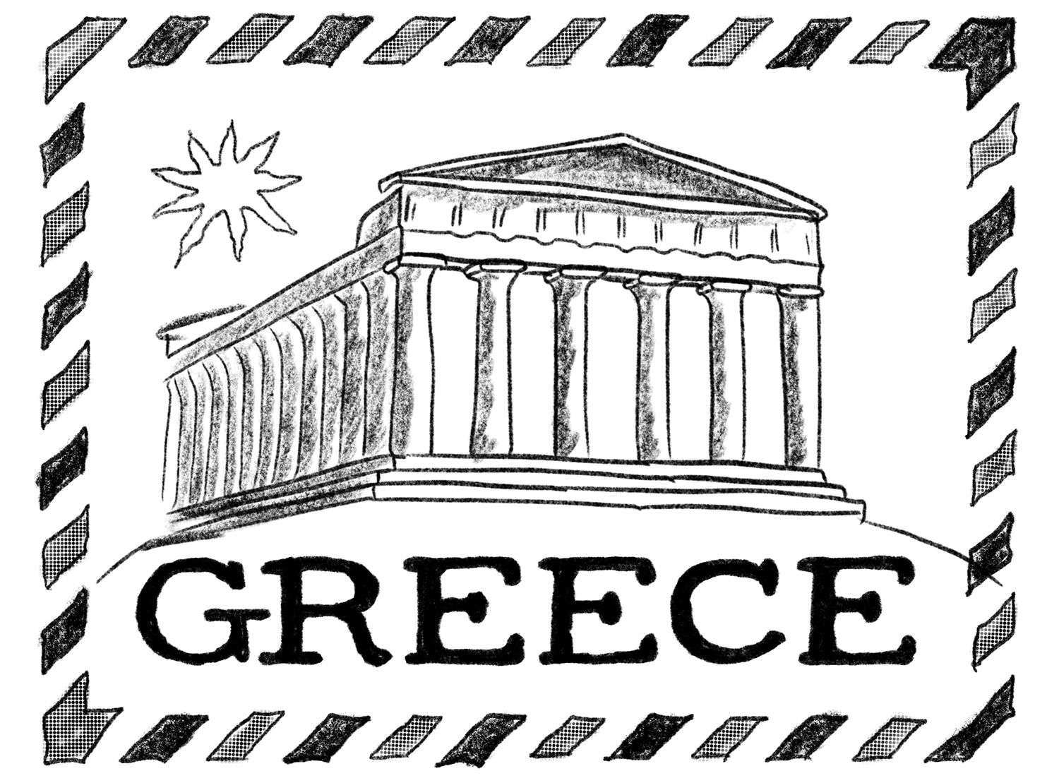 Illustration of a stamp featuring Athens