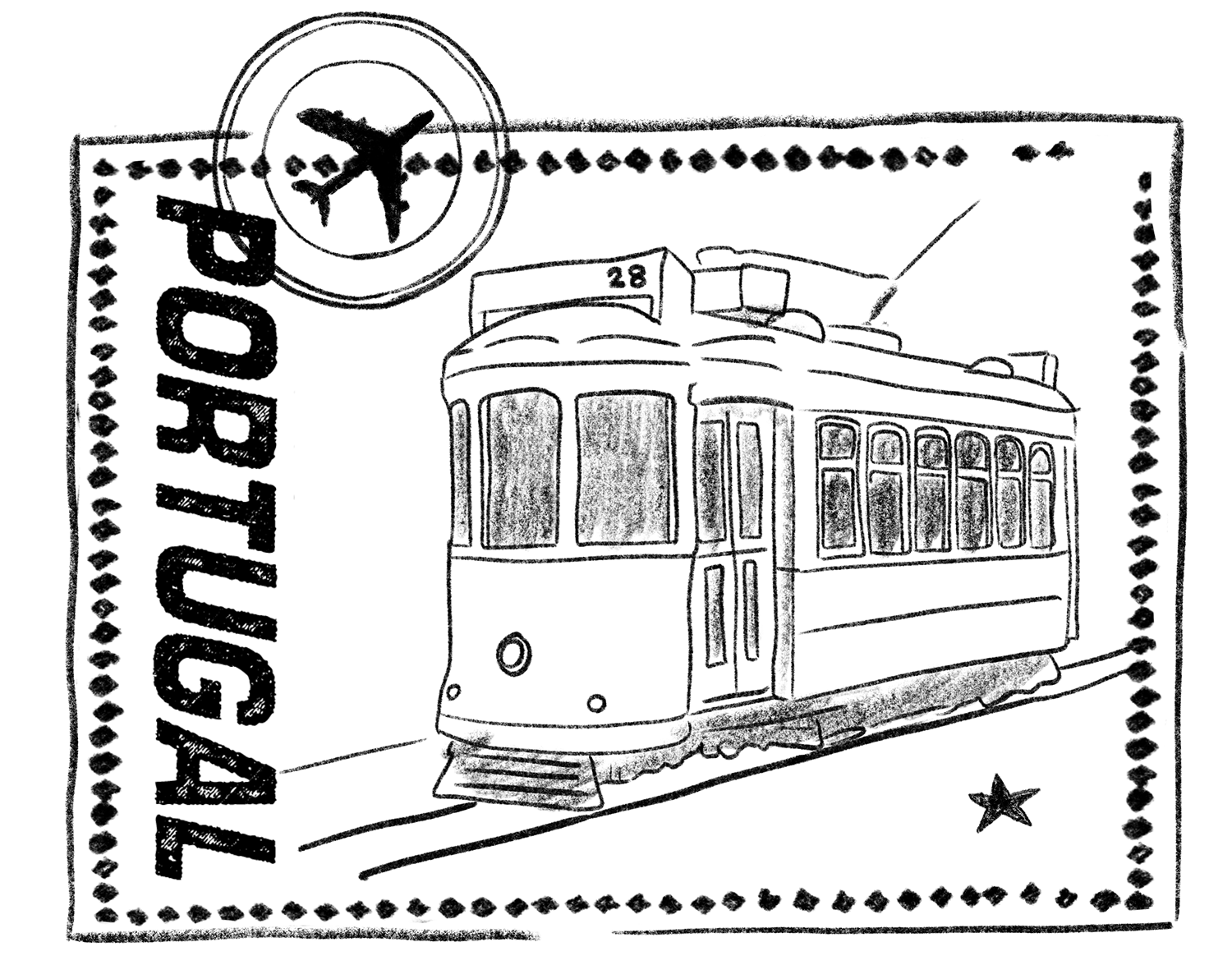 Illustration of a stamp featuring Lisbon