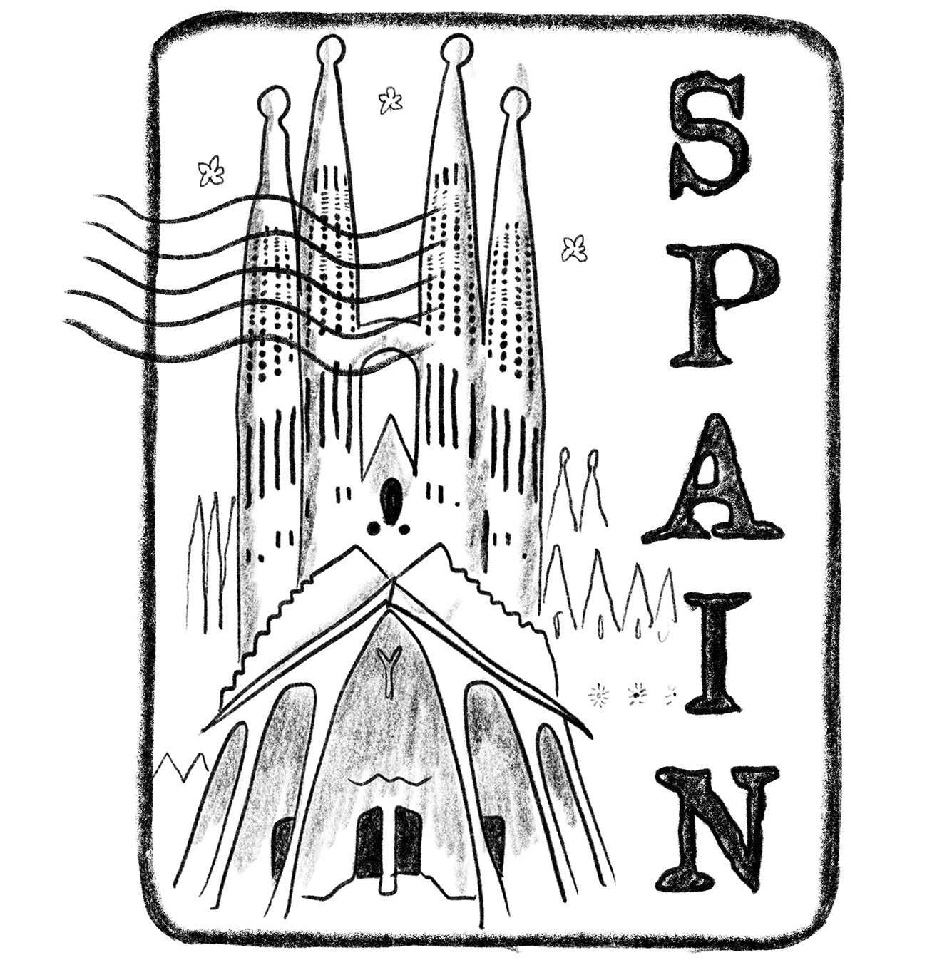 Illustration of a stamp featuring Barcelona