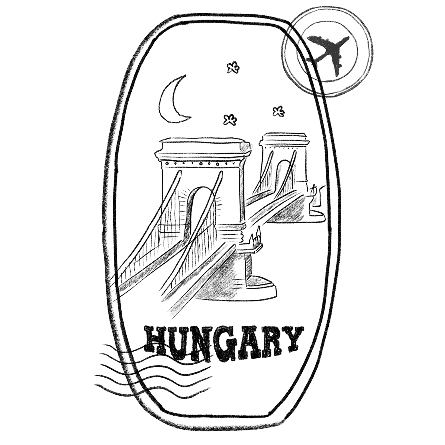 Illustration of a stamp featuring Budapest