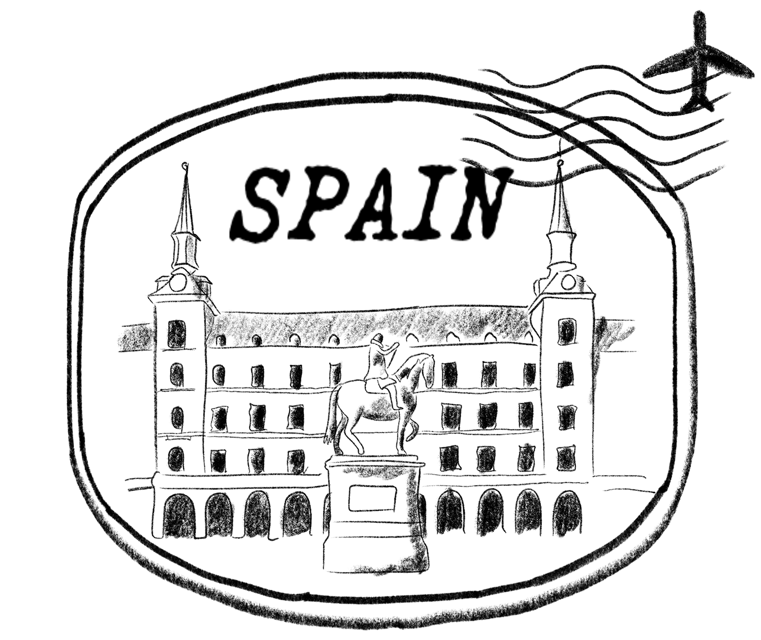 Illustration of a stamp featuring Madrid