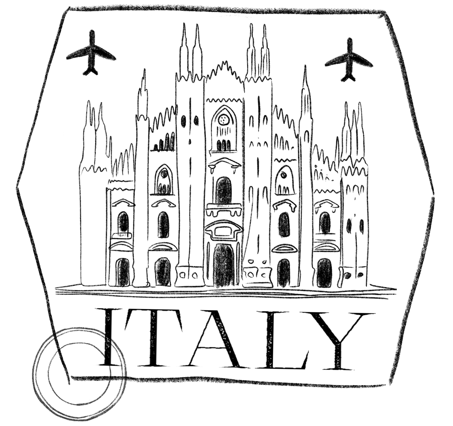 Illustration of a stamp featuring Milan