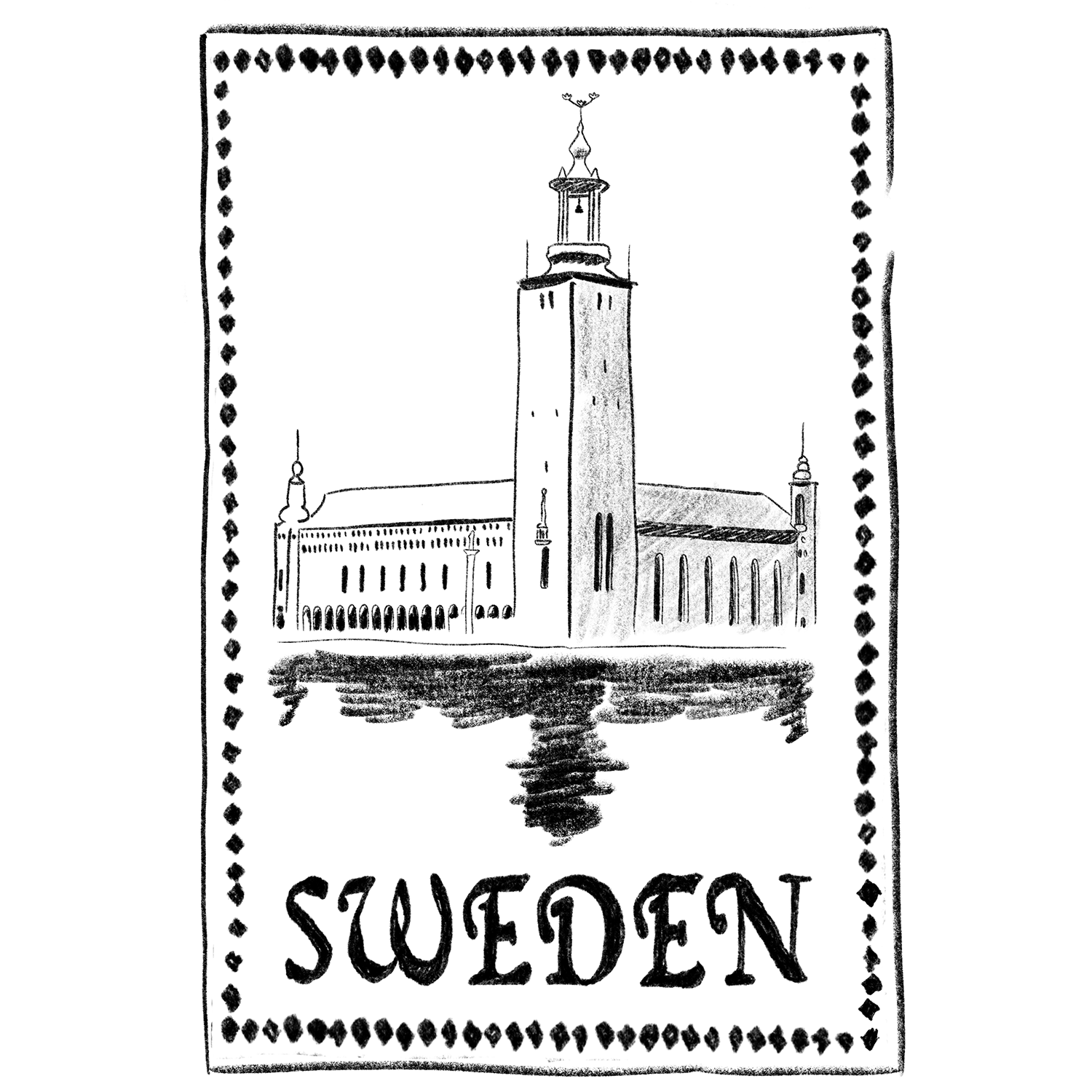 Illustration of a stamp featuring Stockholm
