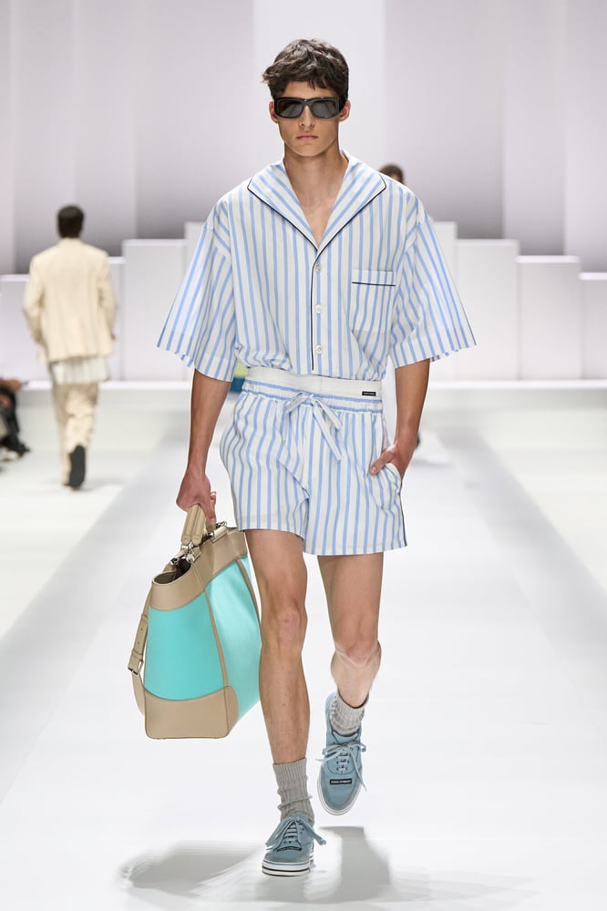 Candy stripes and bold accessories brought playful polish to the runway. Dolce & Gabbana SS26.