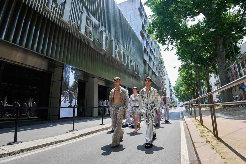 Models marched down Viale Piave for the show’s finale. Dolce & Gabbana SS26.