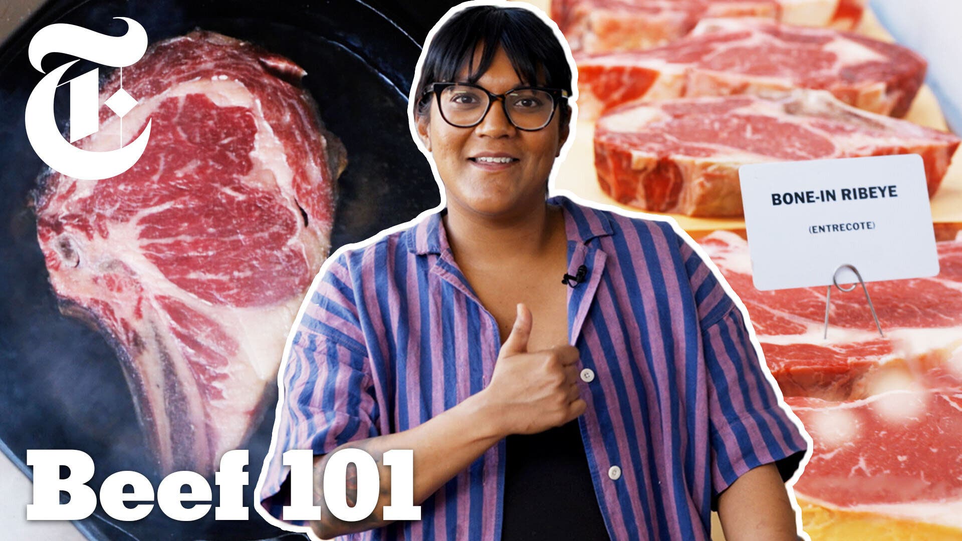 An image of a woman in glasses standing before a background of steaks. The bottom of the frame reads “Beef 101.”