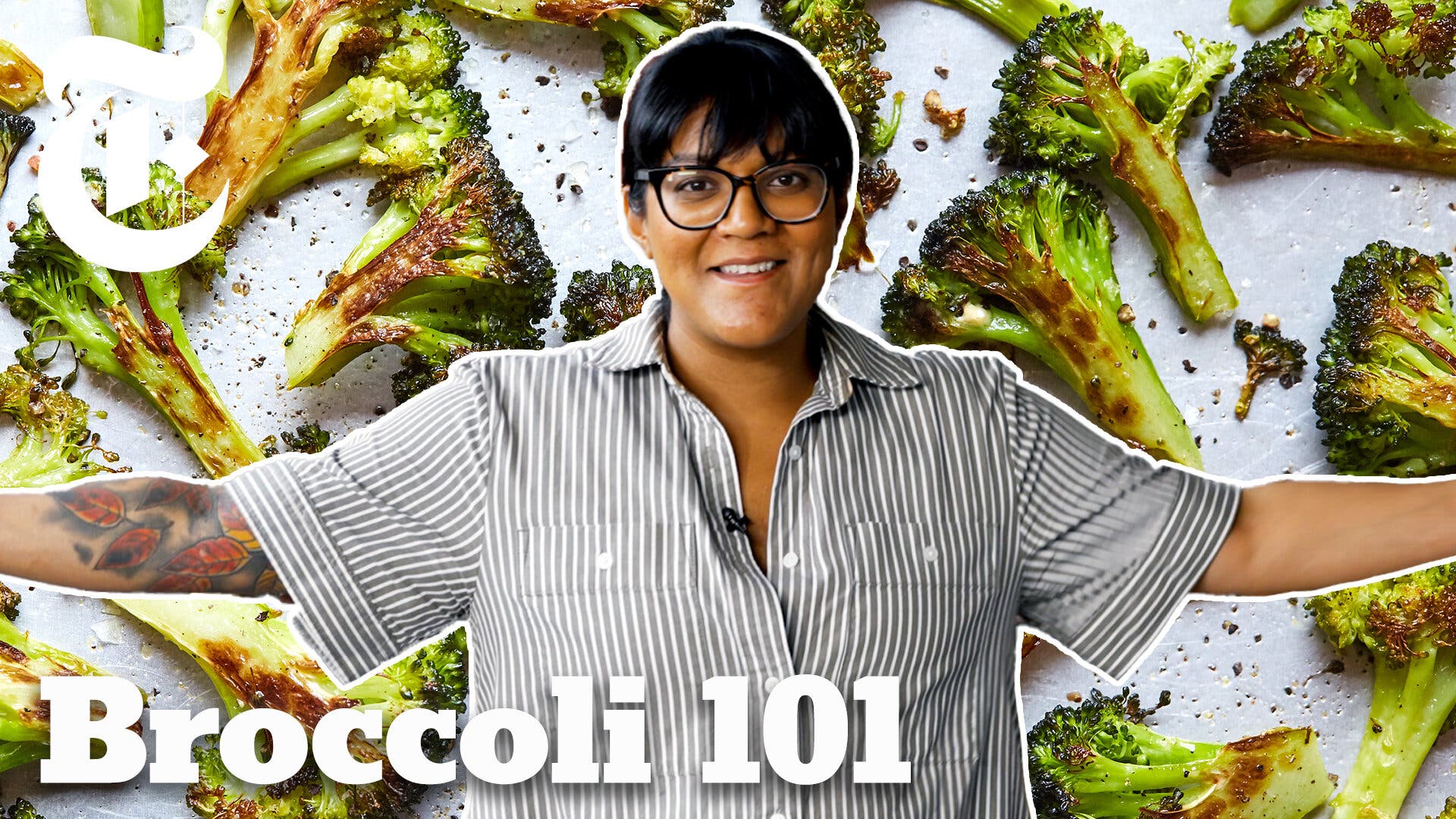A woman in a striped button-down shirt stands in front of an image of roasted broccoli on a sheet pan.