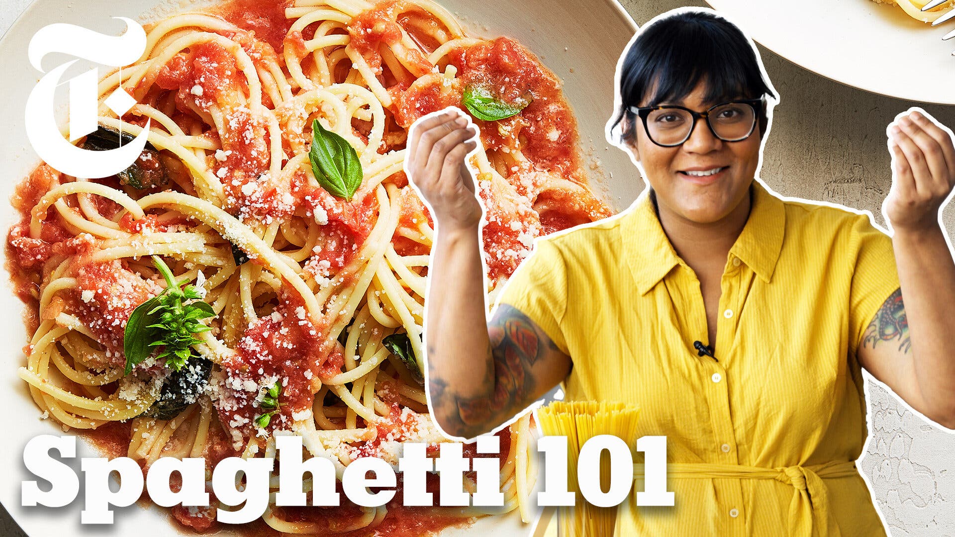 A woman in glasses and a yellow dress stands in front of an image of a plate of spaghetti. The words “Spaghetti 101” are at the bottom of the frame.