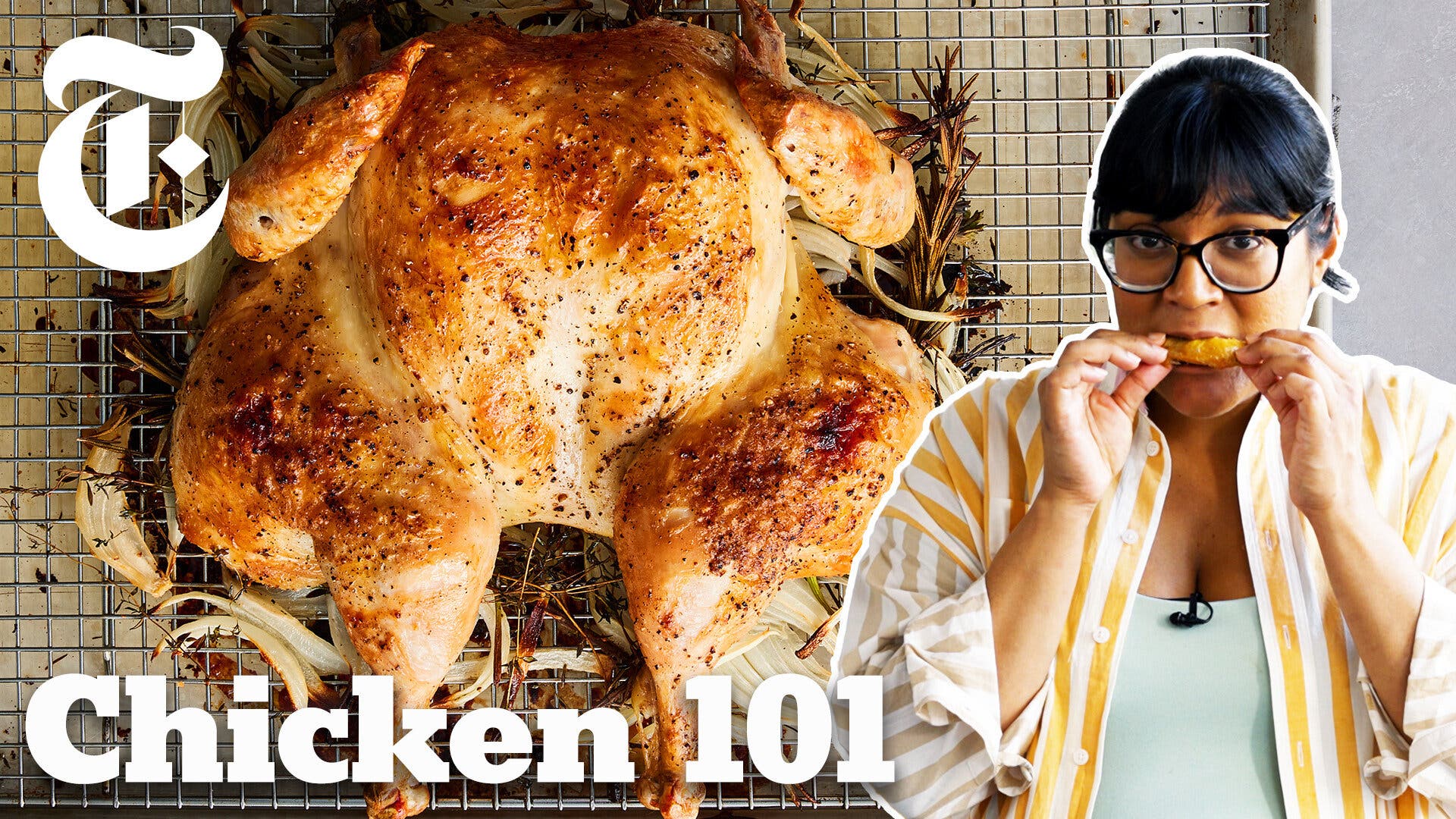 A woman with dark hair and glasses bites into a piece of chicken stands in front of an image of a spatchcocked chicken on a sheet pan.