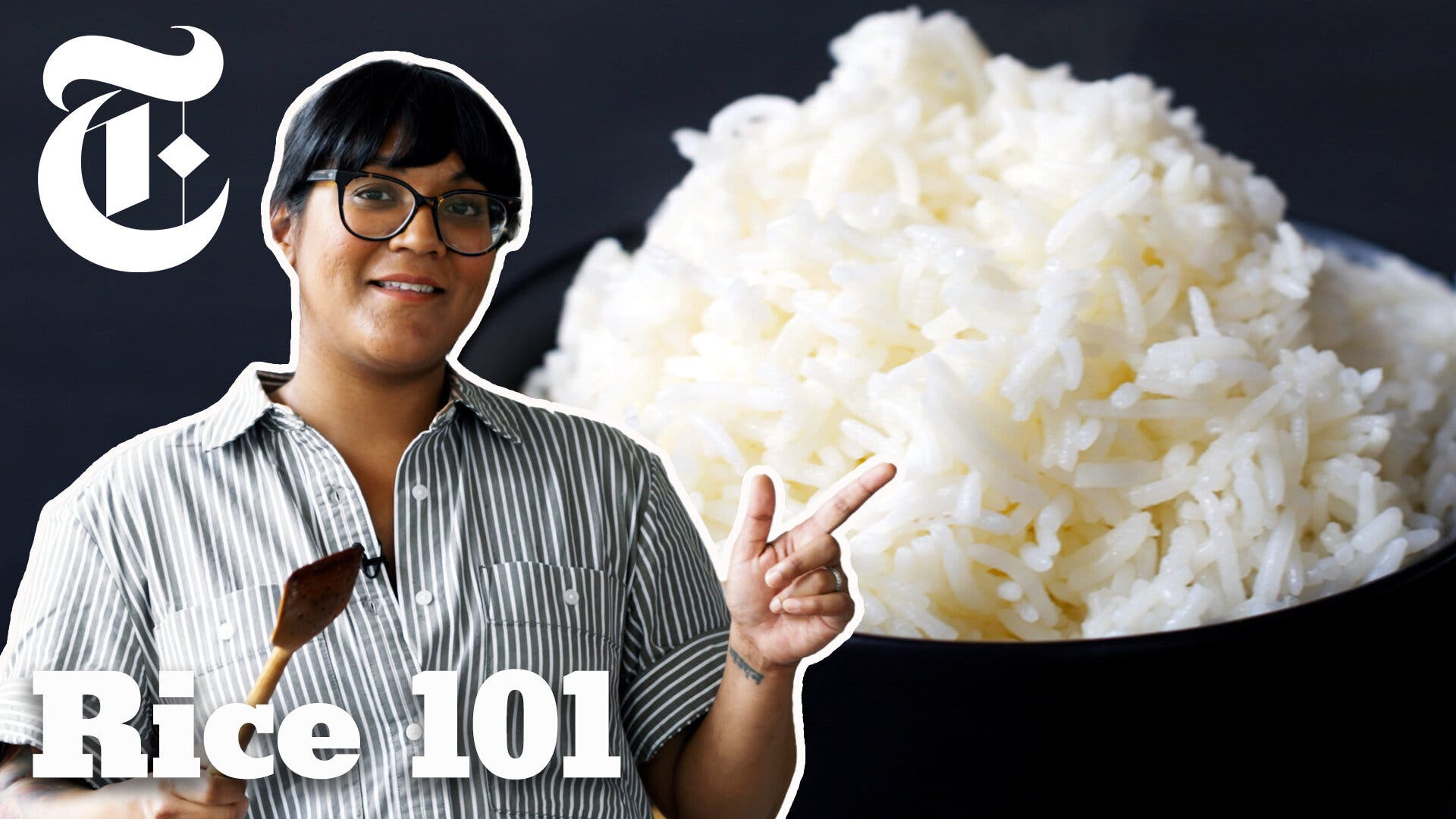 A woman in glasses and a button down stands in front of an image of a bowl of rice.