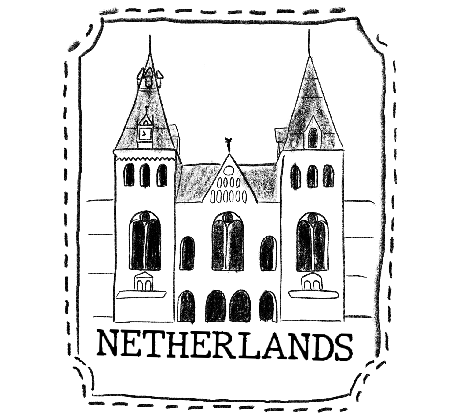 Illustration of a stamp featuring Amsterdam