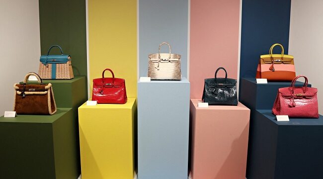 Hermès Birkin bags on display during a press preview of Luxury Week at Christie’s in New York City on June 4, 2021.