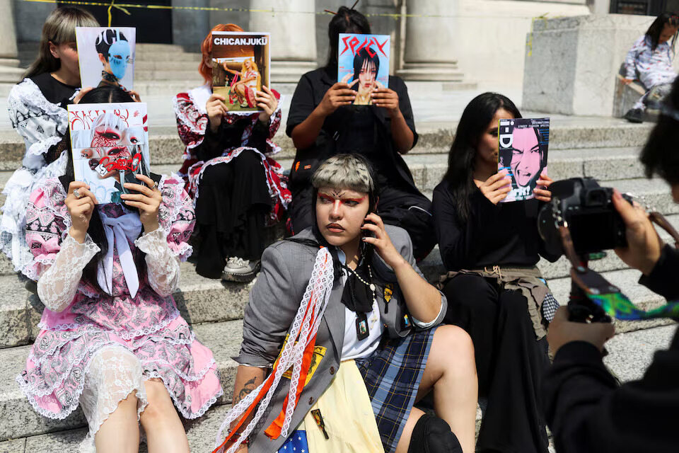 Japanese dancers Maaya the Bee, Emiko Kashiwazaki, Chiho Hidaka, and Mexicans Brabau, Yurxjox, and designer Kumiko pose in Chicanjuku looks by Italia Segovia during a photo shoot in Mexico City, June 13, 2025.