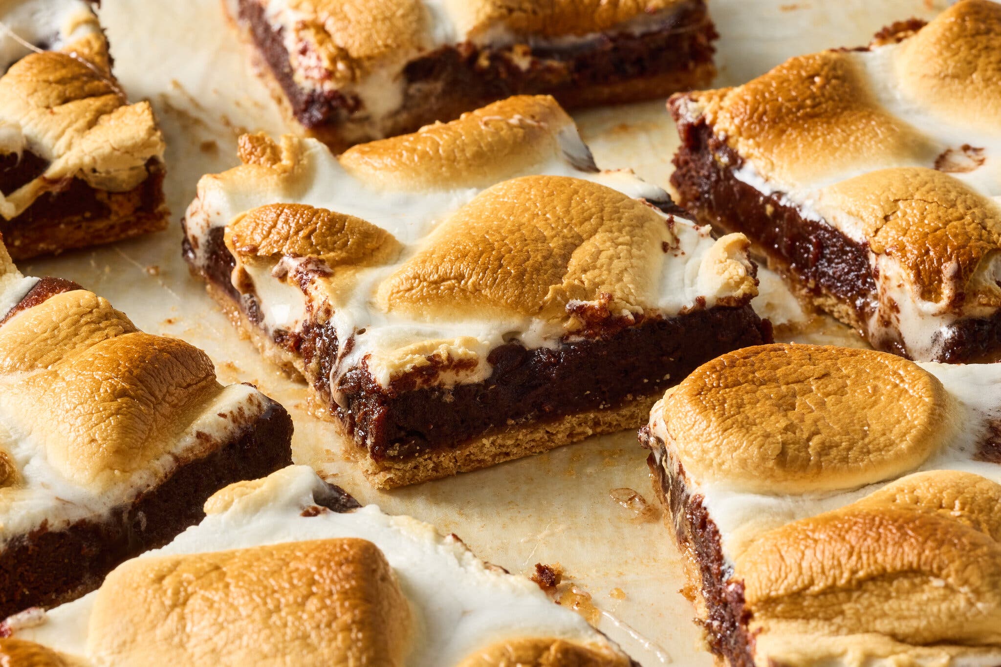 Individual brownies with a graham cracker crust and browned marshmallow topping are photographed from the side.