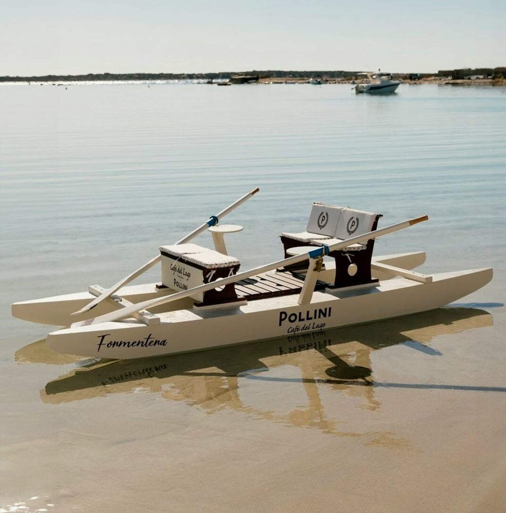 The chic pedal boat at Café del Lago, Formentera, customized by Italian shoemaker Pollini