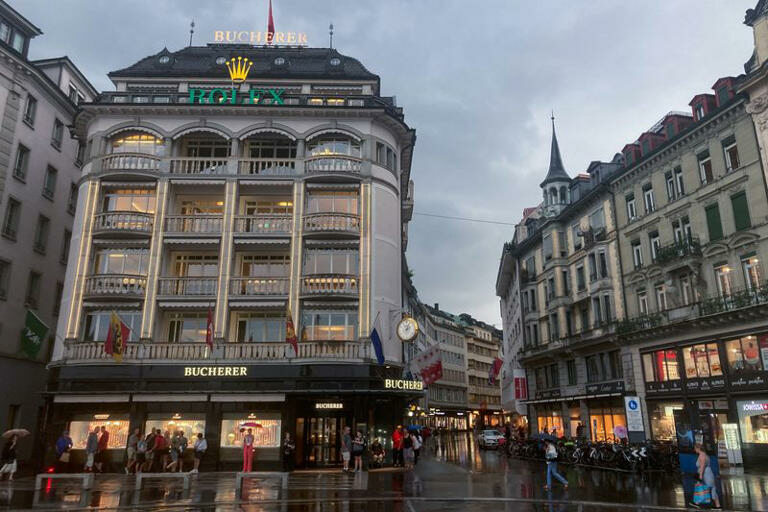 Rolex logo on a building in Lucerne’s Grendelstrasse.